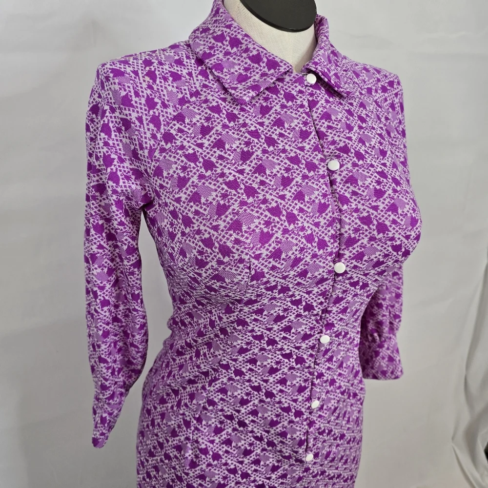 VTG 60's-70's Homemade Floral Geometric Long Sleeve Button Down Dress Sz S - Picture 2 of 14